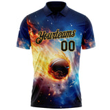 Custom Blue Black-Old Gold Flame Basketball Ball 3D Pattern Performance Polo Shirt