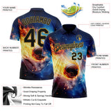 Custom Blue Black-Old Gold Flame Basketball Ball 3D Pattern Performance Polo Shirt