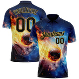 Custom Blue Black-Old Gold Flame Basketball Ball 3D Pattern Performance Polo Shirt