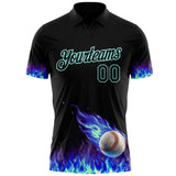 Custom Black-Ice Blue Flame Baseball Ball 3D Pattern Performance Polo Shirt