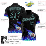 Custom Black-Ice Blue Flame Baseball Ball 3D Pattern Performance Polo Shirt