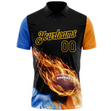 Custom Black Orange Blue-Gold Flame Football Ball 3D Pattern Performance Polo Shirt