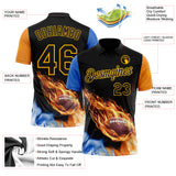 Custom Black Orange Blue-Gold Flame Football Ball 3D Pattern Performance Polo Shirt
