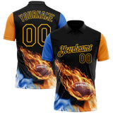 Custom Black Orange Blue-Gold Flame Football Ball 3D Pattern Performance Polo Shirt