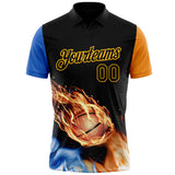 Custom Black Orange Blue-Gold Flame Basketball Ball 3D Pattern Performance Polo Shirt