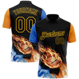 Custom Black Orange Blue-Gold Flame Basketball Ball 3D Pattern Performance Polo Shirt