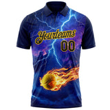 Custom Blue Black-Yellow Flame Lightning Tennis Ball 3D Pattern Performance Polo Shirt