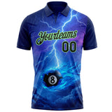 Custom Blue Black-Pea Green Flame Lightning Billiards Snooker 8 Ball Pool Performance Polo Shirt