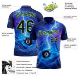 Custom Blue Black-Pea Green Flame Lightning Billiards Snooker 8 Ball Pool Performance Polo Shirt