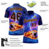 Custom Blue Black-Bay Orange Flame Lightning Soccer Ball 3D Pattern Performance Polo Shirt
