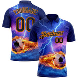 Custom Blue Black-Bay Orange Flame Lightning Soccer Ball 3D Pattern Performance Polo Shirt