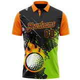 Custom Black Neon Green-Bay Orange Flame Golf Ball Splatter 3D Pattern Performance Polo Shirt