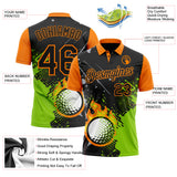 Custom Black Neon Green-Bay Orange Flame Golf Ball Splatter 3D Pattern Performance Polo Shirt
