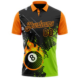 Custom Black Neon Green-Bay Orange Flame Billiards Snooker 8 Ball Pool Splatter Performance Polo Shirt