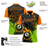 Custom Black Neon Green-Bay Orange Flame Billiards Snooker 8 Ball Pool Splatter Performance Polo Shirt