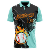 Custom Black Ice Blue-Bay Orange Flame Baseball Ball Splatter 3D Pattern Performance Polo Shirt