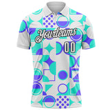 Custom White Green Blue-Black Geometric Circle & Square Performance Polo Shirt