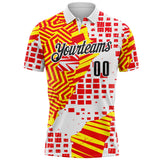 Custom White Black Red-Yellow Geometric Grid & Stripe Performance Polo Shirt