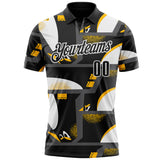 Custom Black Yellow-White Abstract Geometric Performance Polo Shirt