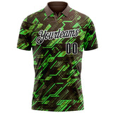 Custom Brown Black Green-White Tech Geometric Performance Polo Shirt