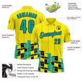 Custom Light Yellow Aqua-Black Geometric Grid & Stripe Performance Polo Shirt