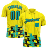 Custom Light Yellow Aqua-Black Geometric Grid & Stripe Performance Polo Shirt