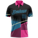 Custom Black Pink-Sky Blue Geometric Halftone Dot & Stripe Performance Polo Shirt