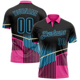 Custom Black Pink-Sky Blue Geometric Halftone Dot & Stripe Performance Polo Shirt