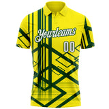 Custom Light Yellow White-Green Geometric Grid & Stripe Performance Polo Shirt