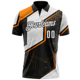 Custom Black White-Bay Orange Tech Geometric Performance Polo Shirt