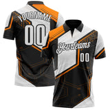 Custom Black White-Bay Orange Tech Geometric Performance Polo Shirt
