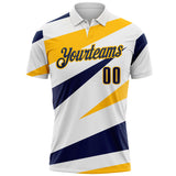 Custom White Navy-Gold Geometric Lines Performance Polo Shirt