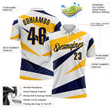 Custom White Navy-Gold Geometric Lines Performance Polo Shirt