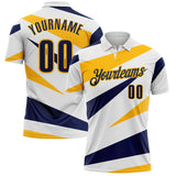 Custom White Navy-Gold Geometric Lines Performance Polo Shirt