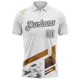 Custom White Old Gold-Black Geometric Grid & Stripe Performance Polo Shirt