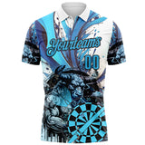Custom White Sky Blue-Black Darts Bull Dartboard Performance Polo Shirt