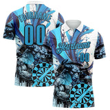 Custom White Sky Blue-Black Darts Bull Dartboard Performance Polo Shirt