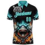 Custom Black Ice Blue-Teal Darts Fire Sharke Dartboard Performance Polo Shirt