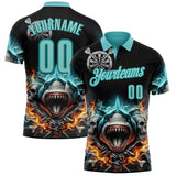 Custom Black Ice Blue-Teal Darts Fire Sharke Dartboard Performance Polo Shirt