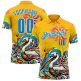 Custom Yellow Panther Blue-White Darts Tropical Pelican Dartboard Performance Polo Shirt