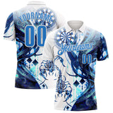 Custom White-Powder Blue Darts Scorpion Dartboard Performance Polo Shirt
