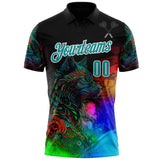 Custom Black Teal-White Darts Wolf Dartboard Performance Polo Shirt