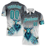 Custom White Teal-Gray Darts Deer Dartboard Performance Polo Shirt