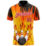 Custom Yellow Fire Red Black-White Bowling Ball And Pins Flame Performance Polo Shirt