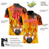 Custom Yellow Fire Red Black-White Bowling Ball And Pins Flame Performance Polo Shirt