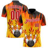 Custom Yellow Fire Red Black-White Bowling Ball And Pins Flame Performance Polo Shirt