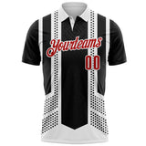 Custom Black Red-White Bowling Ball And Pins Strike Stars Performance Polo Shirt