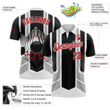 Custom Black Red-White Bowling Ball And Pins Strike Stars Performance Polo Shirt