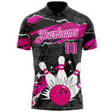 Custom Black Deep Pink-White Bowling Ball And Pins Strike Performance Polo Shirt