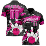 Custom Black Deep Pink-White Bowling Ball And Pins Strike Performance Polo Shirt